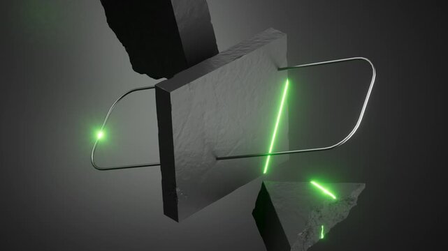 Green neon laser scanning a geometric composition of black stone and metallic wire. Futuristic 3D render motion with glowing light effect and dark minimalistic aesthetic.