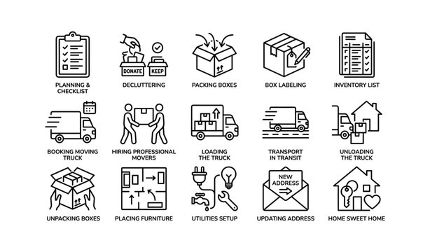 Moving and relocation icons showing packing and transport steps