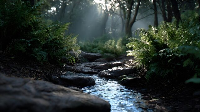 A winding creek flows over mossy rocks through a lush sun d d forest creating a serene and peaceful natural scene