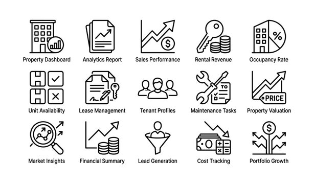 Property management dashboard icons showing analytics and finances