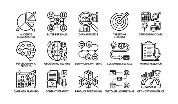 Marketing icons depicting audience targeting and analytics on white