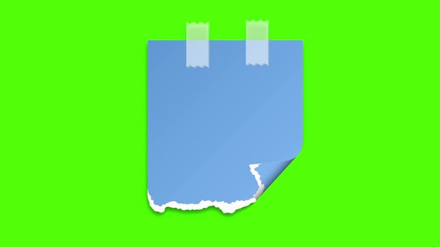 Blank Paper on Green Screen: A blank paper, torn edge, held by tape, offering space for communication. It represents a note or reminder, perfect for conveying messages or creating visual assets.