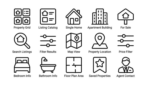 Real estate icons showing property and listing symbols on white