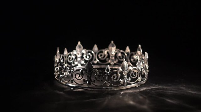 Elegant vintage gold crown with gemstones on black background, luxury brand and premium concept.
Refined vintage gold crown decorated with diamonds, and crystals placed on a dark fabric background wit