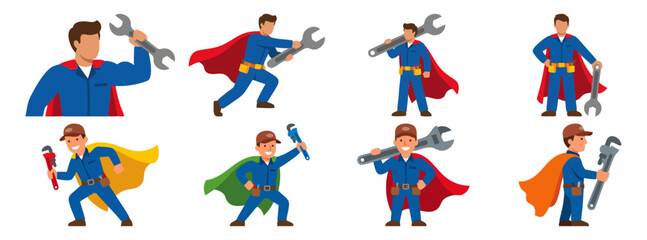 Fototapeta premium PLUMBING HERO - Plumber wearing a cape holding a large wrench Flat Vector Illustration on Transparent Background