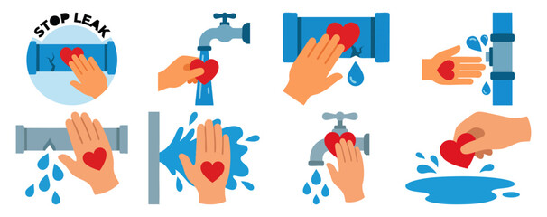 Fototapeta premium STOP LEAK - Hand stopping a water leak with a red heart patch Flat Vector Illustration on Transparent Background