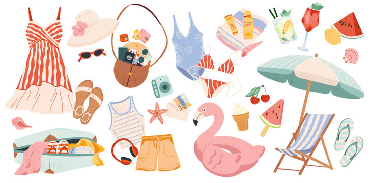 Vector summer vacation elements set with beach clothing, accessories. Swimsuits, travel handbag, overfilled suitcase, flamingo float and umbrella. Trendy textured illustrations Vacation design clipart