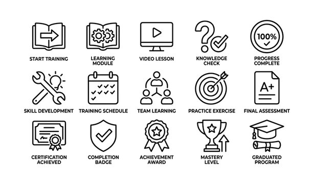 Training and learning icons arranged in a grid on white background
