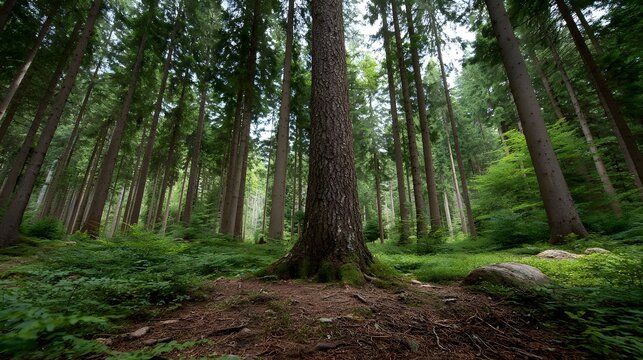 Towering tree trunks create a deep verdant canopy in a serene temperate forest setting