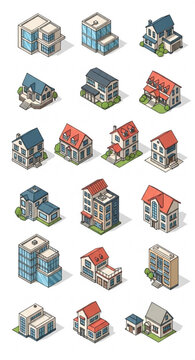 :
A colorful flat vector illustration set of various residential houses displayed in a horizontal row on a pure white background. The houses include different architectural styles such as modern glass