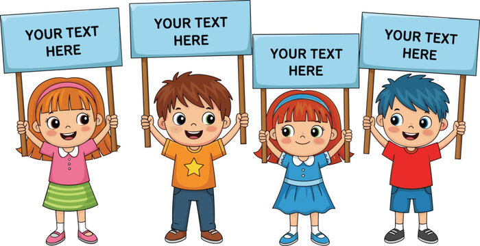 Cute children holding blank protest signs with copy space in playful cartoon vector illustration set