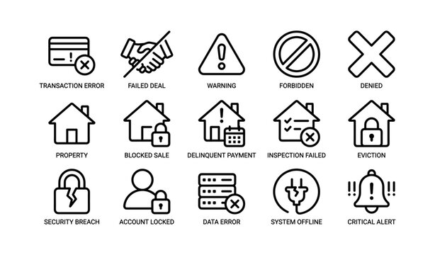 Financial and property error icons displayed on white background
