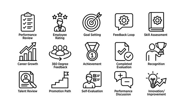 Employee performance icons showing reviews ratings and goals