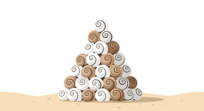 A conical pyramid sculpture constructed from assorted white and brown spiral seashells resting on a textured sandy base against a white backdrop.