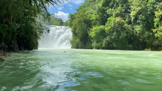 El Meco waterfall  north of the town of El Naranjo in La Huasteca, San Luis Potosi, Mexico. El Meco cascade is at the end of the three mile stretch of rapids.  
