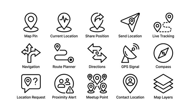 Map and location icons showing navigation features on white background
