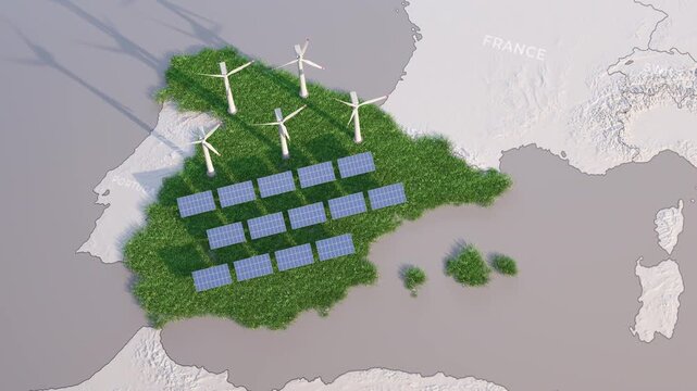 Animated map of Spain with solar panels and windmills emerging from the ground. 