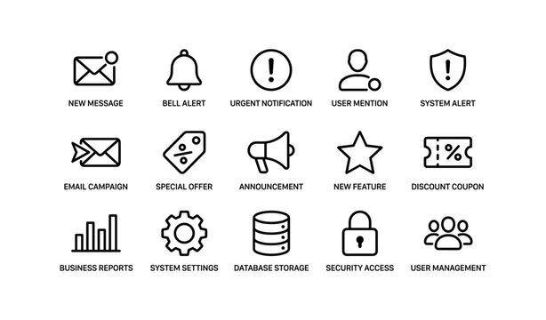 Notification and messaging icons showing alerts offers on white
