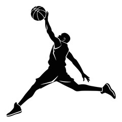 Black silhouette of a jumping basketball player with a ball ready to dunk © Sharmin