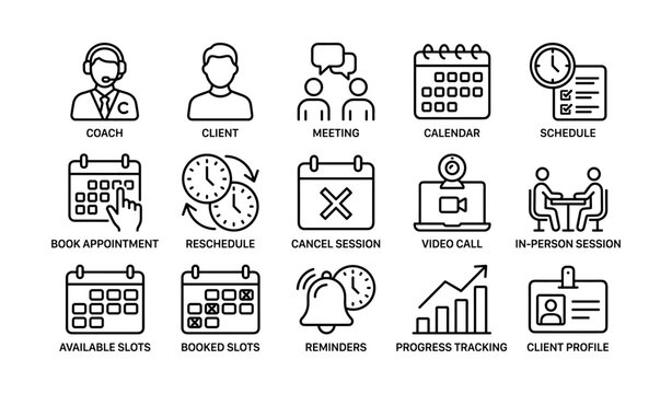 Scheduling and coaching icons showing appointments calendars and calls