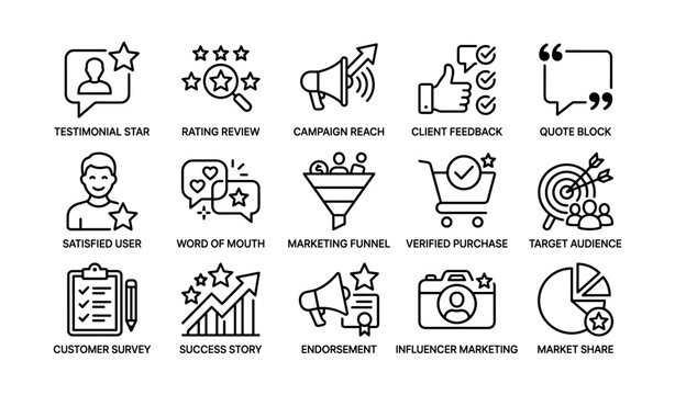 Marketing and feedback icons arranged in grid on white background
