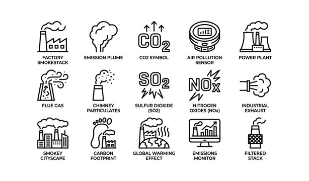 Pollution and emissions icons arranged in grid on white background