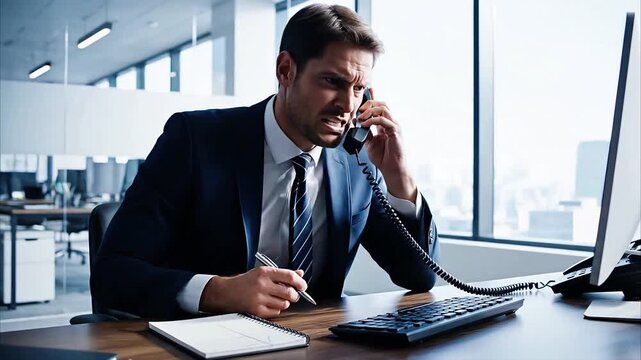 Frustrated businessman in suit on phone call, looking angry while working at his office desk