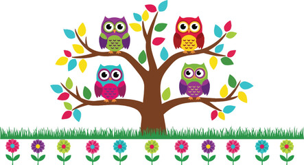 Fototapeta premium Colorful owls sitting on a tree with flowers Vector