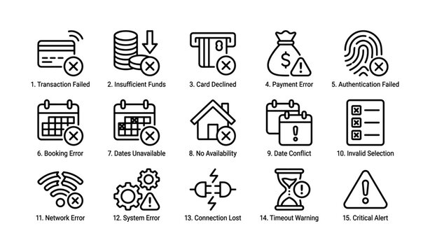 Payment and booking error icons showing common failure states