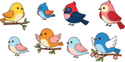 Fototapeta premium Cute colorful birds collection with cartoon songbirds in charming vector illustration set