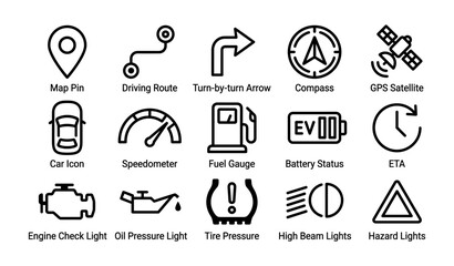 Fototapeta premium Navigation and vehicle icons showing driving and dashboard symbols