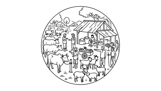 Eid ul Adha Livestock Market Scene Icon on Transparent Background, eid ul adha, bakra eid, qurbani, livestock market, animal market, cattle market, goats, cows, sheep, animals, agriculture, 