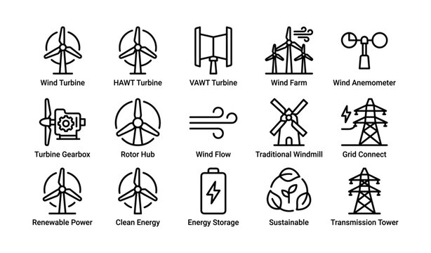 Wind energy icons showing turbine components and grid on white