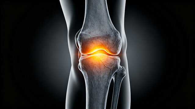 Anatomical illustration of a human knee joint with highlighted inflammation isolated on transparent background
