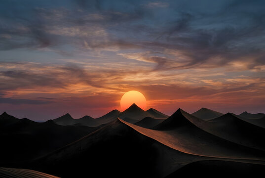Cinematic desert sunset over dark sand dunes, golden sun setting behind mountain peaks, dramatic orange and purple twilight sky landscape