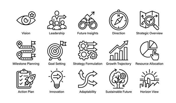 Business strategy icons showing planning concepts on white background
