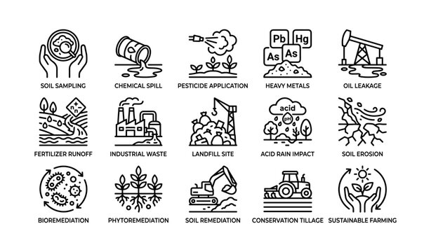 Soil contamination and remediation icons arranged on grid