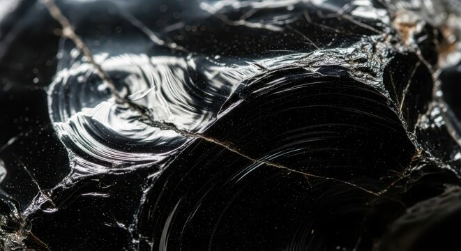 Shiny black obsidian volcanic glass displays conchoidal fractures with sharp edges.
