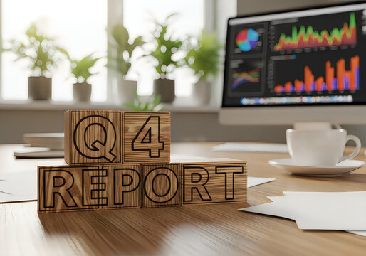 Wooden blocks spelling q4 report on a desk in a modern office with a computer screen showing financial business charts