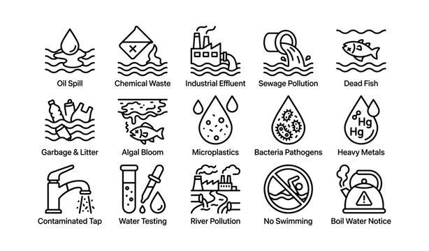 Water pollution and contamination hazard icons in rows