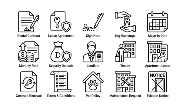 Property rental and lease process icons in grid layout