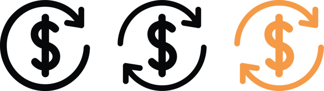 Currency exchange arrow icon set, vector financial icons with circular arrows and dollar symbol representing currency conversion banking operations and money transfer interface design.