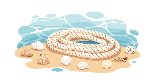 A coiled cream colored rope rests on a patch of sandy beach beside a rippling shallow pool of light blue water captured under bright natural lighting conditions.