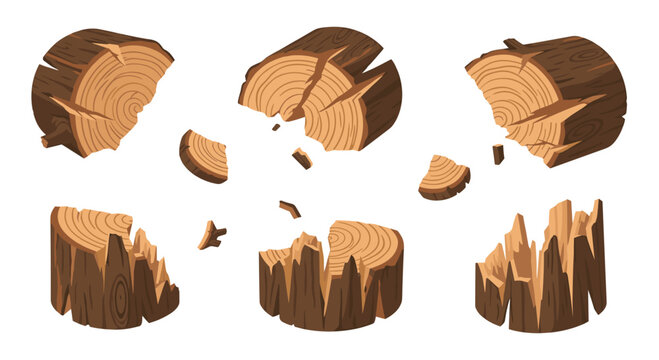 An isolated collection of various brown wooden tree stumps and split log segments displays detailed wood grain textures and jagged splintered edges on white background.