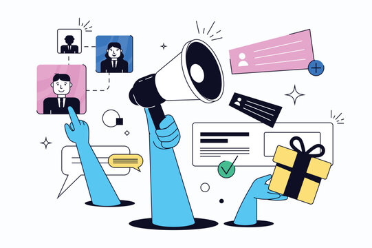 Referral marketing flat concept for web design. Business loyalty program for customers, promotion with refer friend, social media recommendation messages, affiliate collaboration. Vector illustration.