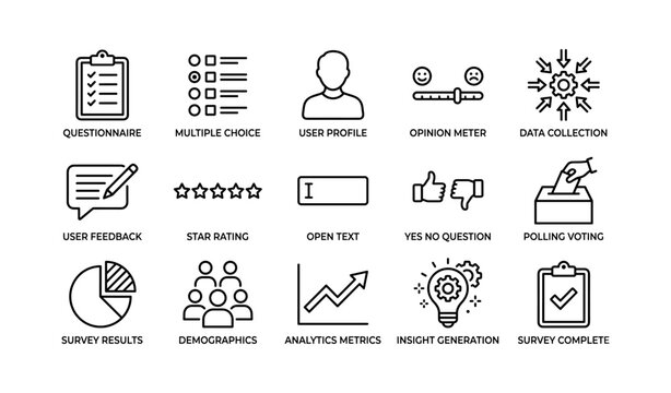 Survey icons showing feedback and analytics on white background