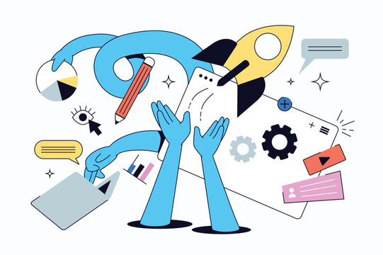 Startup flat concept for web design. Business launch and entrepreneur beginning, development idea with inspiration, making strategy and planning, investments and targeting goals. Vector illustration.