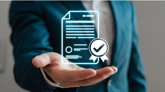 Businessman presents a verified document on his palm indoors