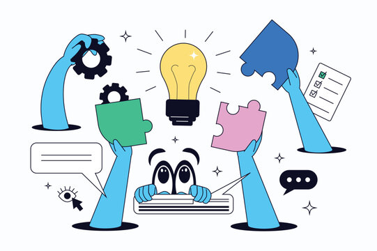 Teamwork flat concept for web design. Solve problem and finding best solutions in team, brainstorming together for innovation and progress, employees cooperation at project. Vector illustration.