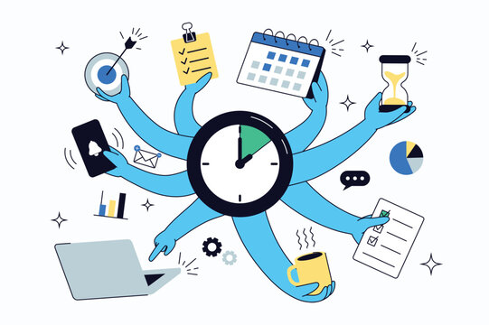 Time management flat concept for web design. Multitasking and productivity optimization, appointment in calendar, deadline hourglass, data graph and statistics charts workflow. Vector illustration.
